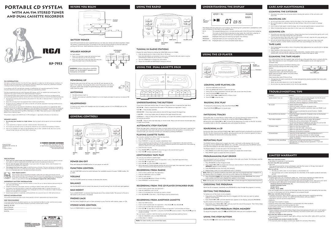 RCA RP-7953 warranty Before YOU Begin, Using the Radio, Using the Dual Cassette Deck Understanding the Display 