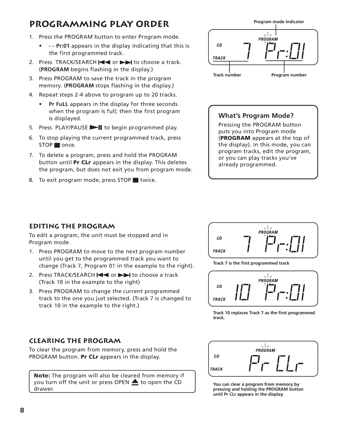 RCA RP-7983, RP-7984 manual Programming Play Order, What’s Program Mode?, Editing the Program, Clearing the Program 