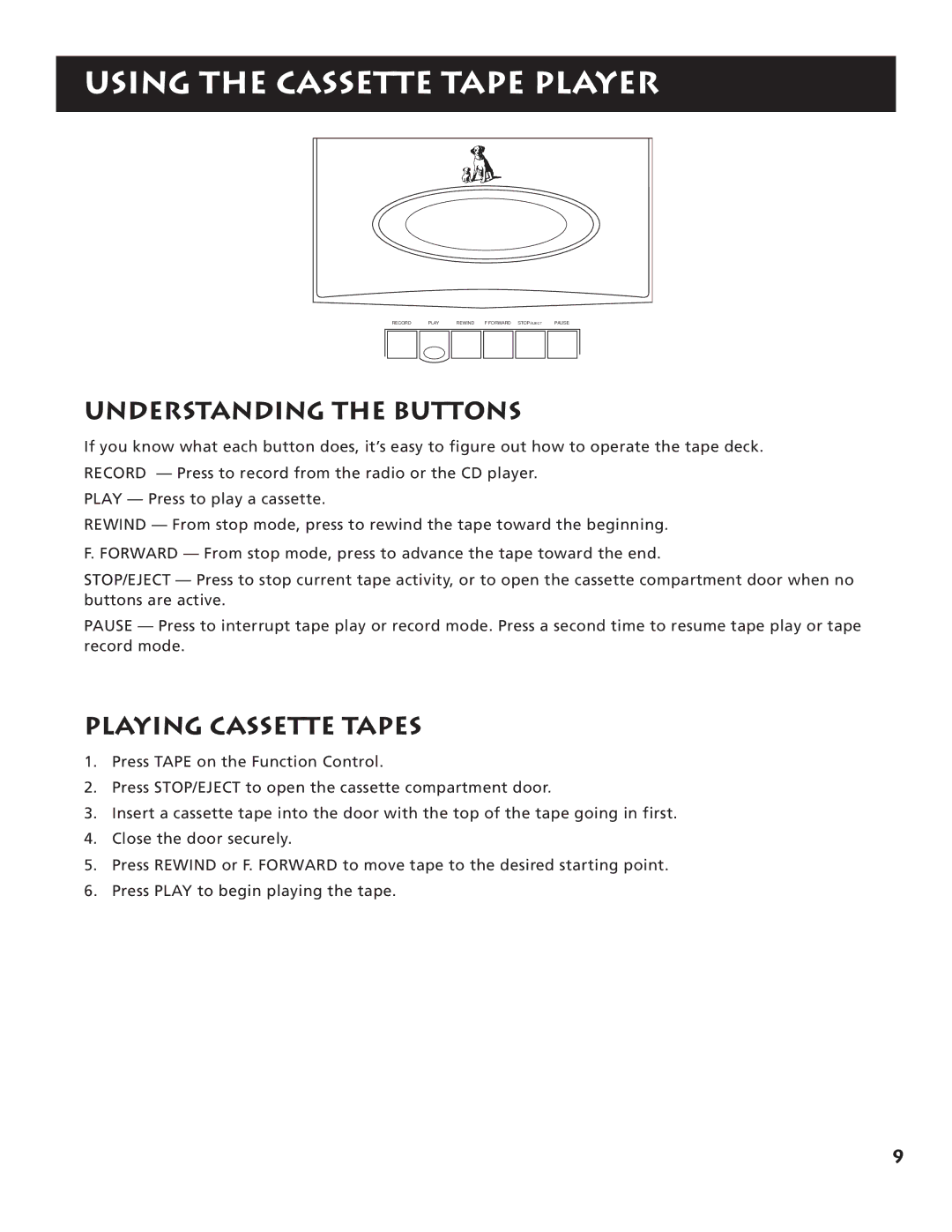 RCA RP-7984, RP-7983 manual Using the Cassette Tape Player, Understanding the Buttons, Playing Cassette Tapes 