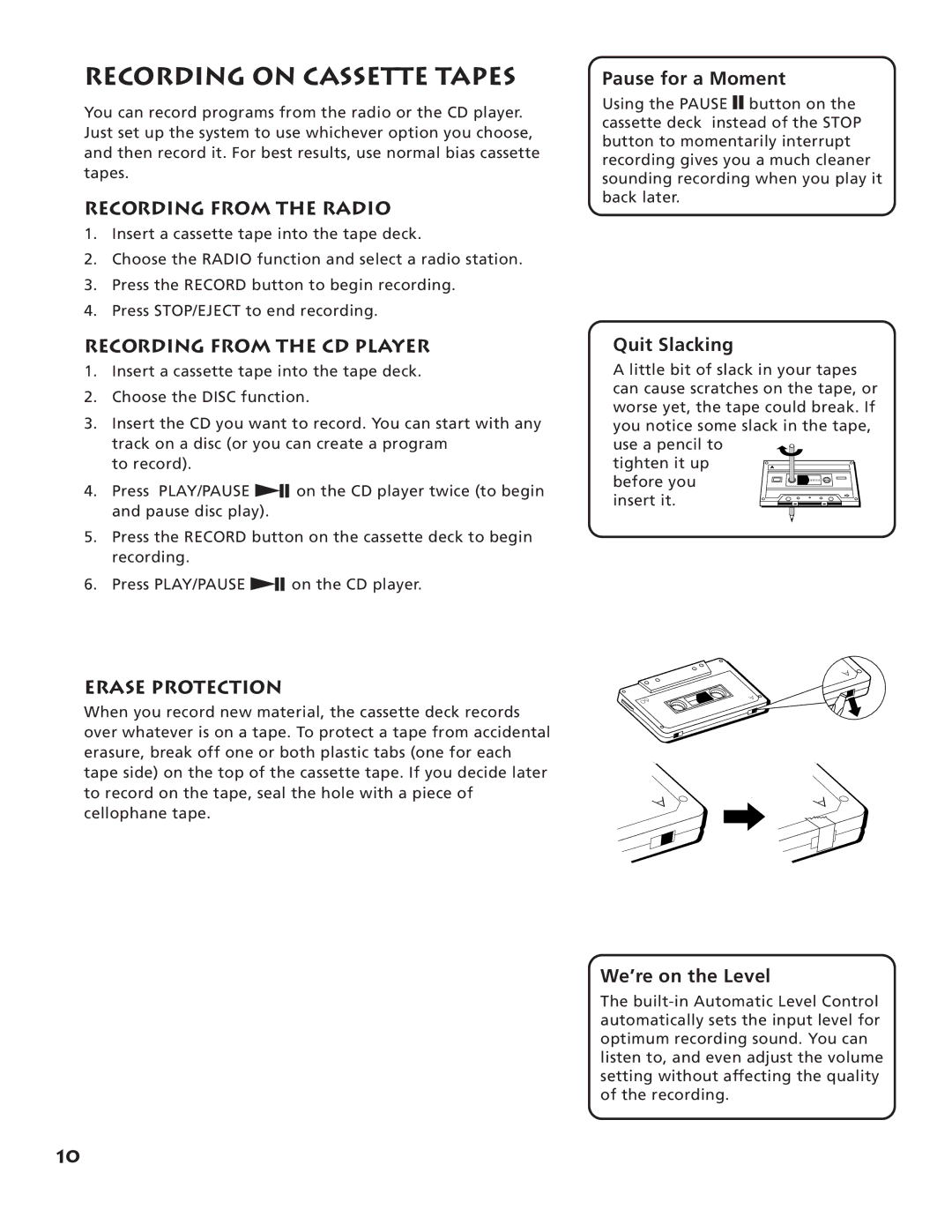 RCA RP-7983, RP-7984 Recording on Cassette Tapes, Recording from the Radio, Recording from the CD Player, Erase Protection 