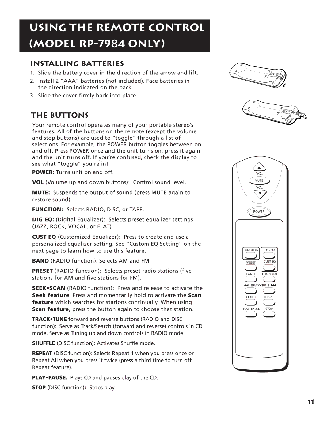 RCA RP-7983 manual Using the Remote Control Model RP-7984 only, Installing Batteries 