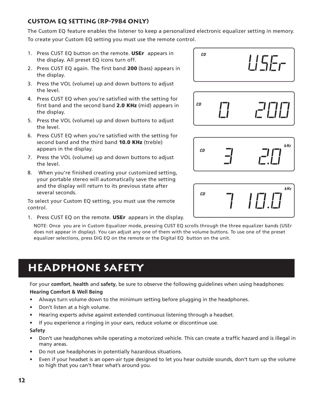 RCA RP-7983 manual Headphone Safety, Custom EQ Setting RP-7984 only 