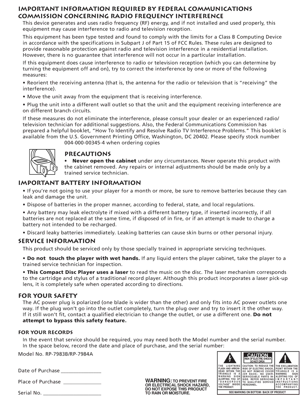 RCA RP-7983, RP-7984 manual Precautions, Important Battery Information, Service Information, For Your Safety 