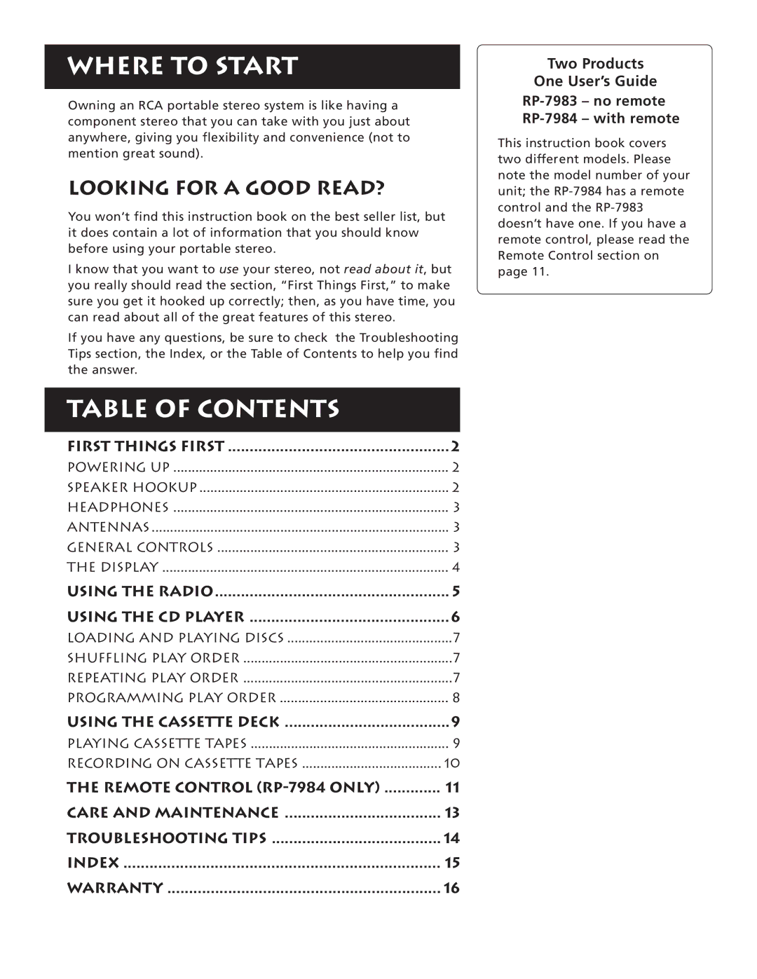 RCA RP-7984, RP-7983 manual Where to Start, Table of Contents 