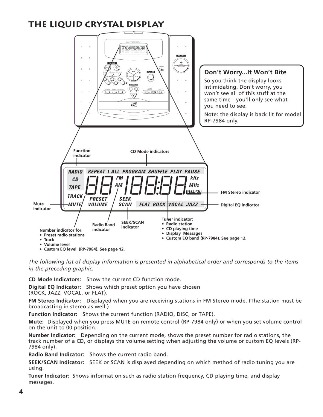 RCA RP-7983, RP-7984 manual Liquid Crystal Display, Don’t Worry...It Won’t Bite 