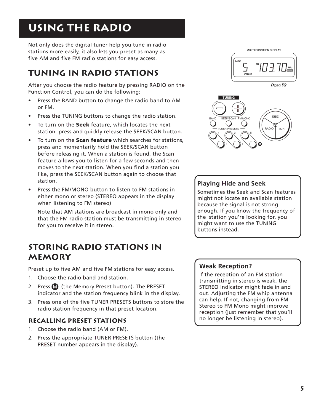 RCA RP-7984 manual Using the Radio, Tuning in Radio Stations, Storing Radio Stations in Memory, Recalling Preset Stations 