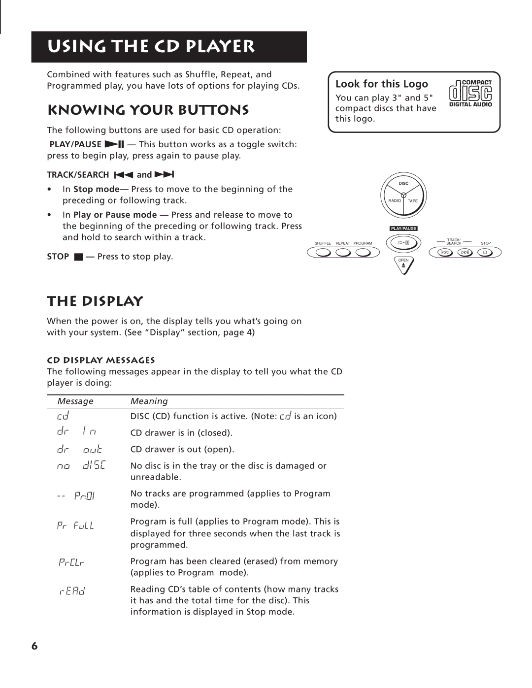 RCA RP-7983, RP-7984 manual Using the CD Player, Knowing Your Buttons, Display, Look for this Logo 