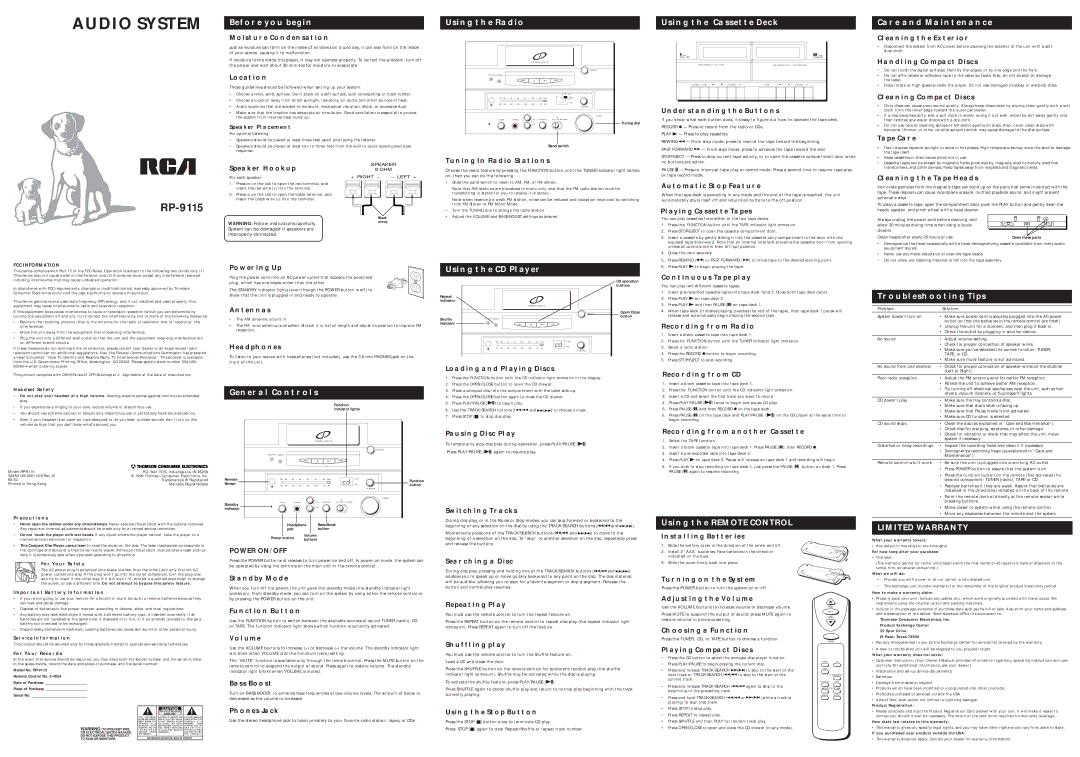 RCA RP-9115A warranty Before YOU Begin, Using the Radio, Using the Cassette Deck, Care and Maintenance, General Controls 