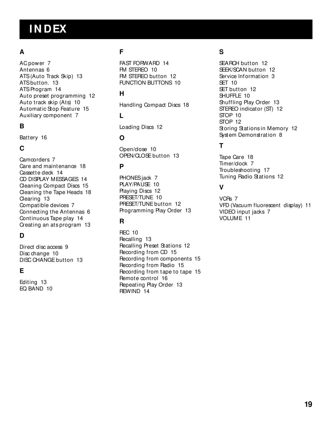 RCA RP-9338, RP-9328, RP-9349, RP-9348, RP-9368 manual Index, Function Buttons 