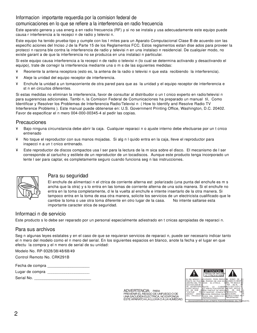 RCA RP-9368, RP-9328, RP-9349, RP-9348, RP-9338 Precauciones, Para SU Seguridad, Información DE Servicio, Para SUS Archivos 