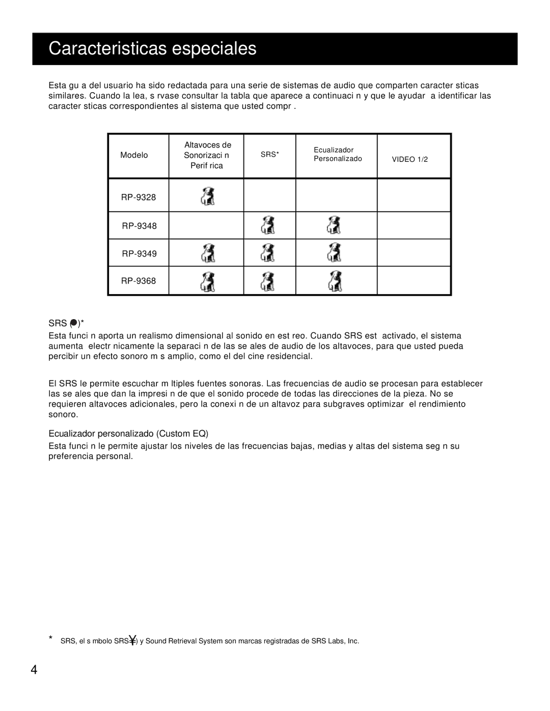 RCA RP-9328, RP-9349, RP-9348, RP-9368, RP-9338 manual Caracteristicas Especiales, Ecualizador Personalizado Custom EQ 