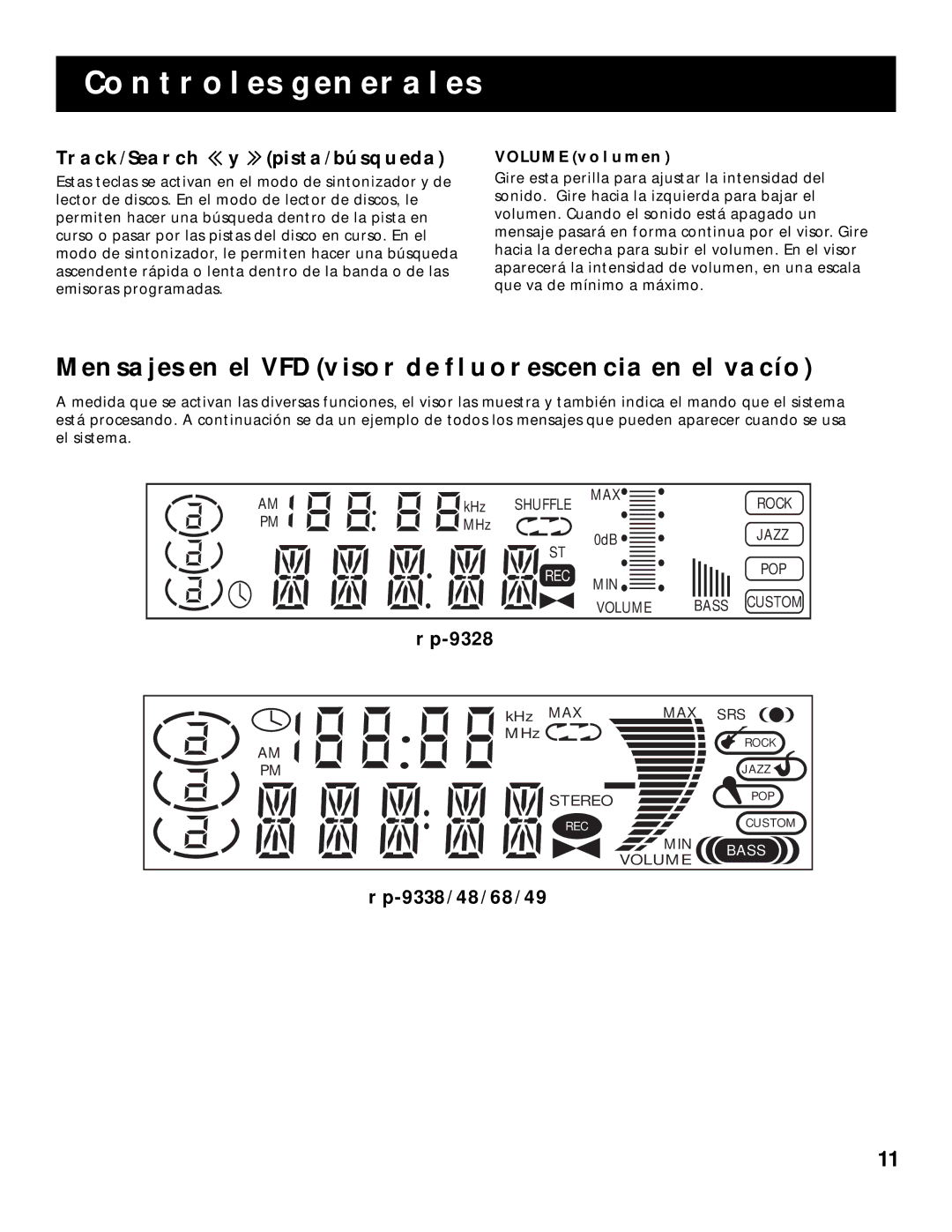 RCA RP-9348, RP-9328 Mensajes EN EL VFD Visor DE Fluorescencia EN EL Vacío, Track/Search Y Pista/Búsqueda, Volume Volumen 
