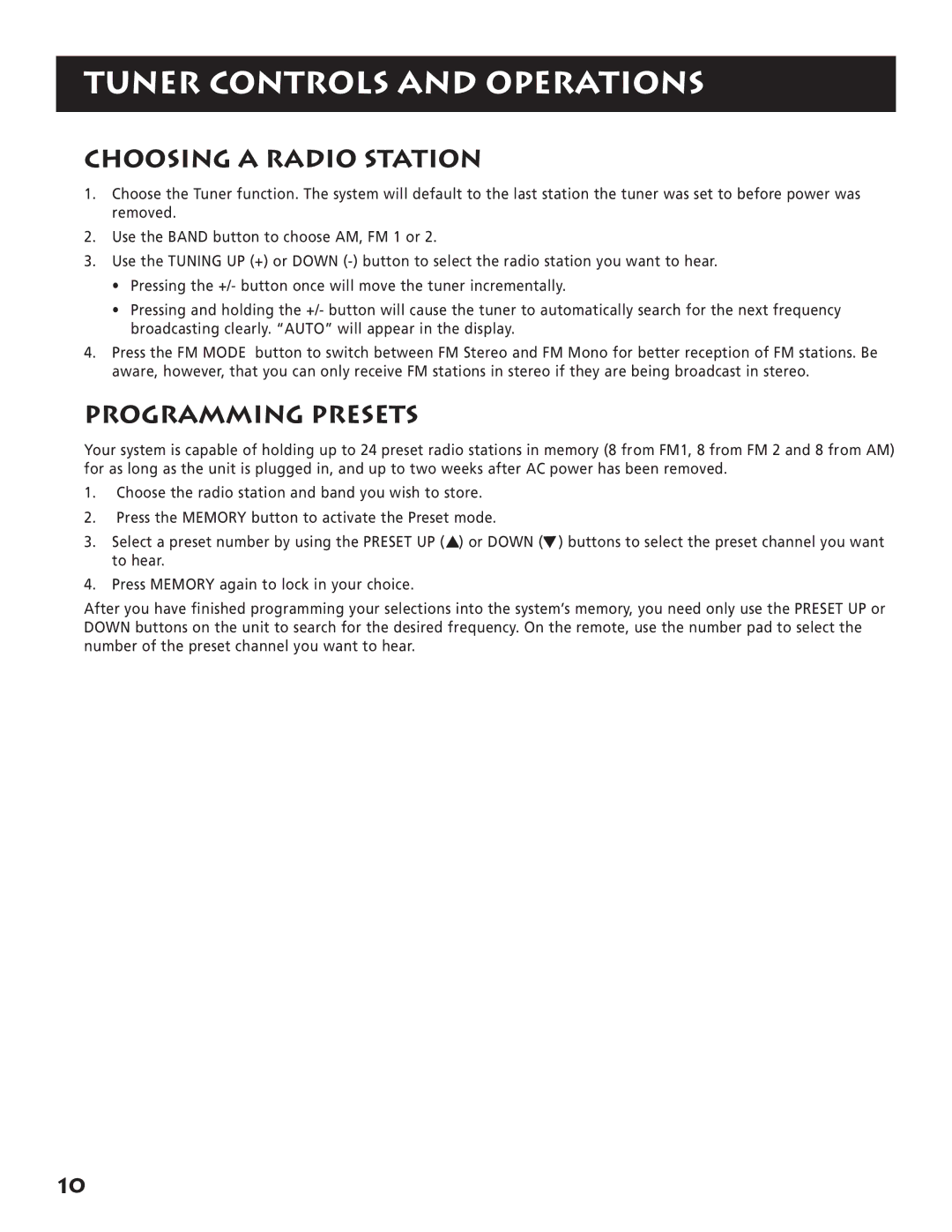 RCA RP-9380 manual Choosing a Radio Station, Programming Presets 