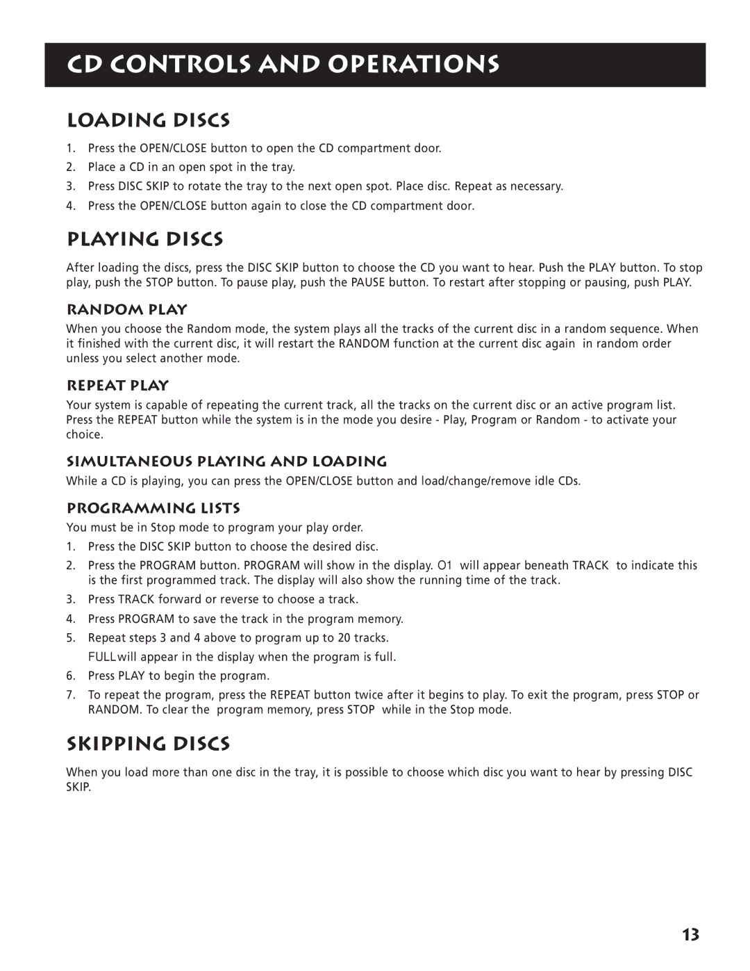 RCA RP-9380 manual Loading Discs, Playing Discs, Skipping Discs 