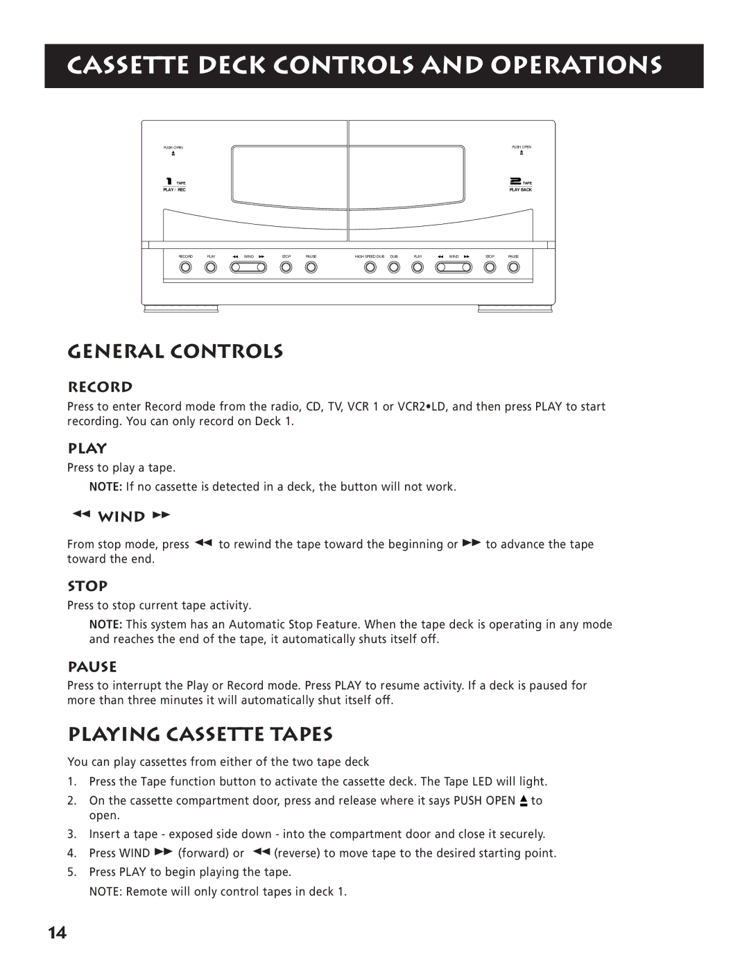 RCA RP-9380 manual Cassette Deck Controls and Operations, Playing Cassette Tapes, Record, Wind 