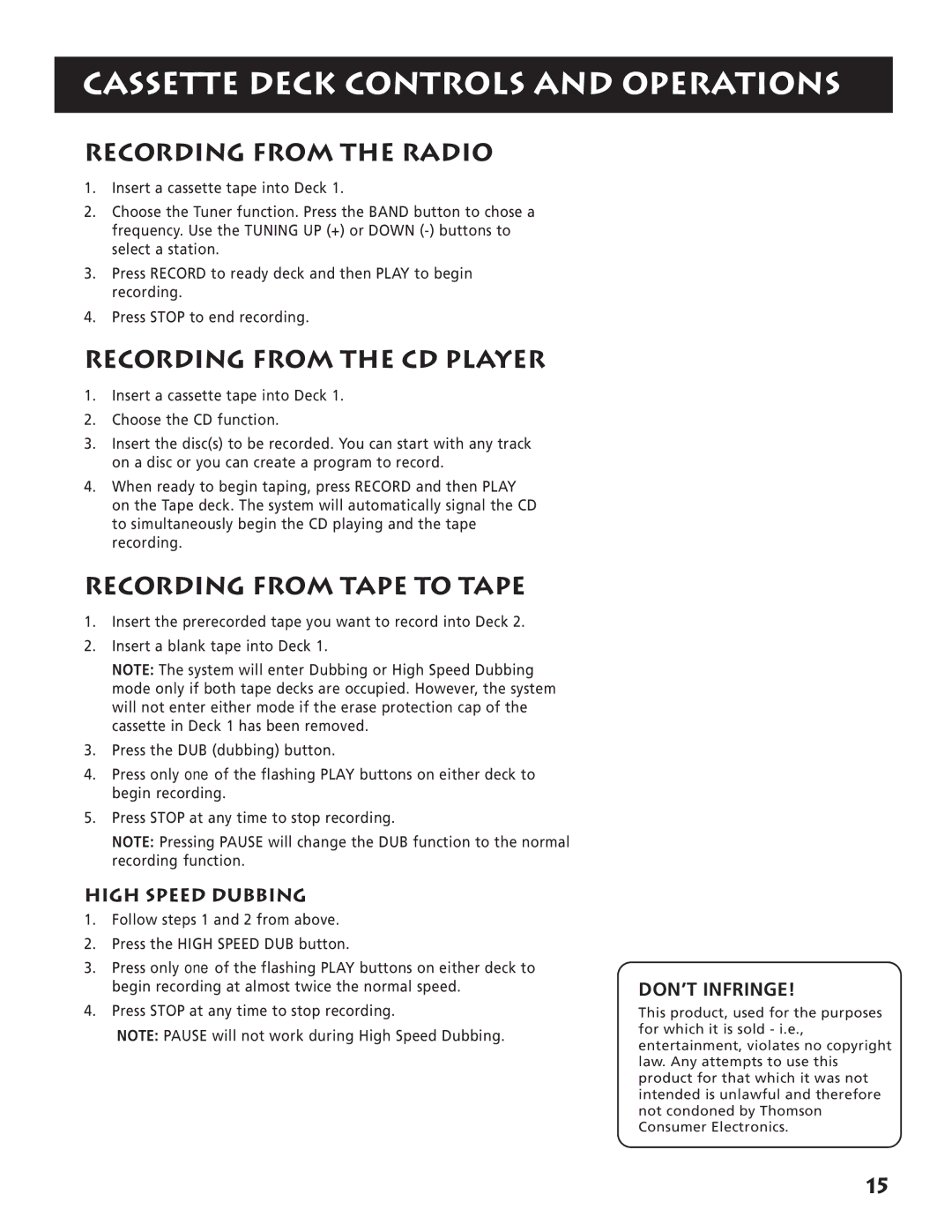 RCA RP-9380 manual Recording from the Radio, Recording from the CD Player, Recording from Tape to Tape, High Speed Dubbing 