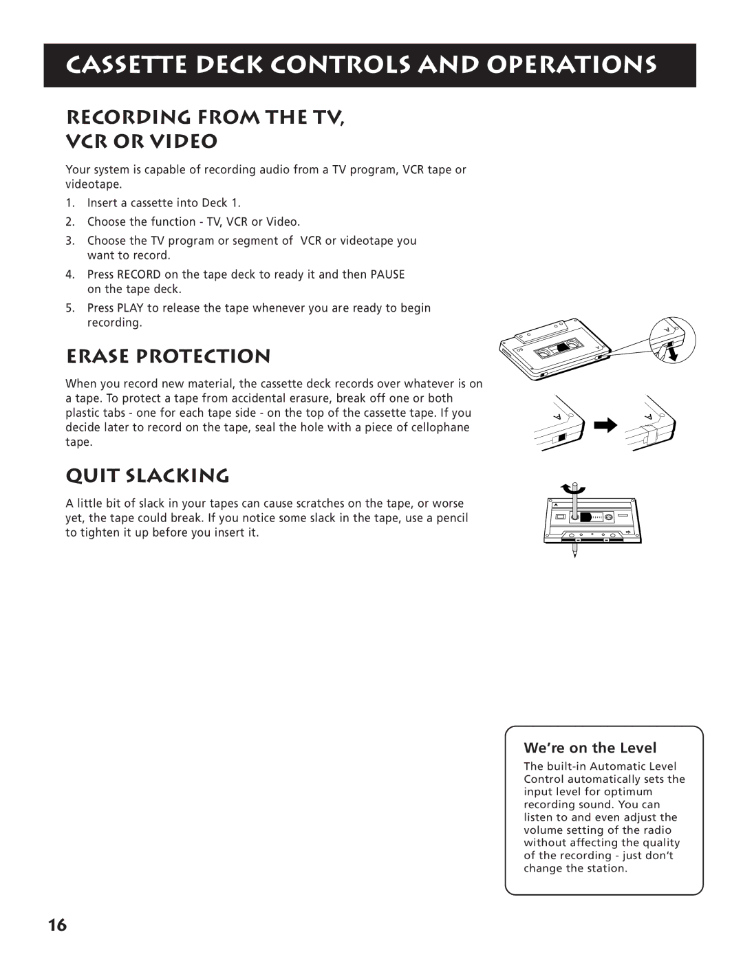 RCA RP-9380 manual Recording from the TV VCR or Video, Erase Protection, Quit Slacking, We’re on the Level 