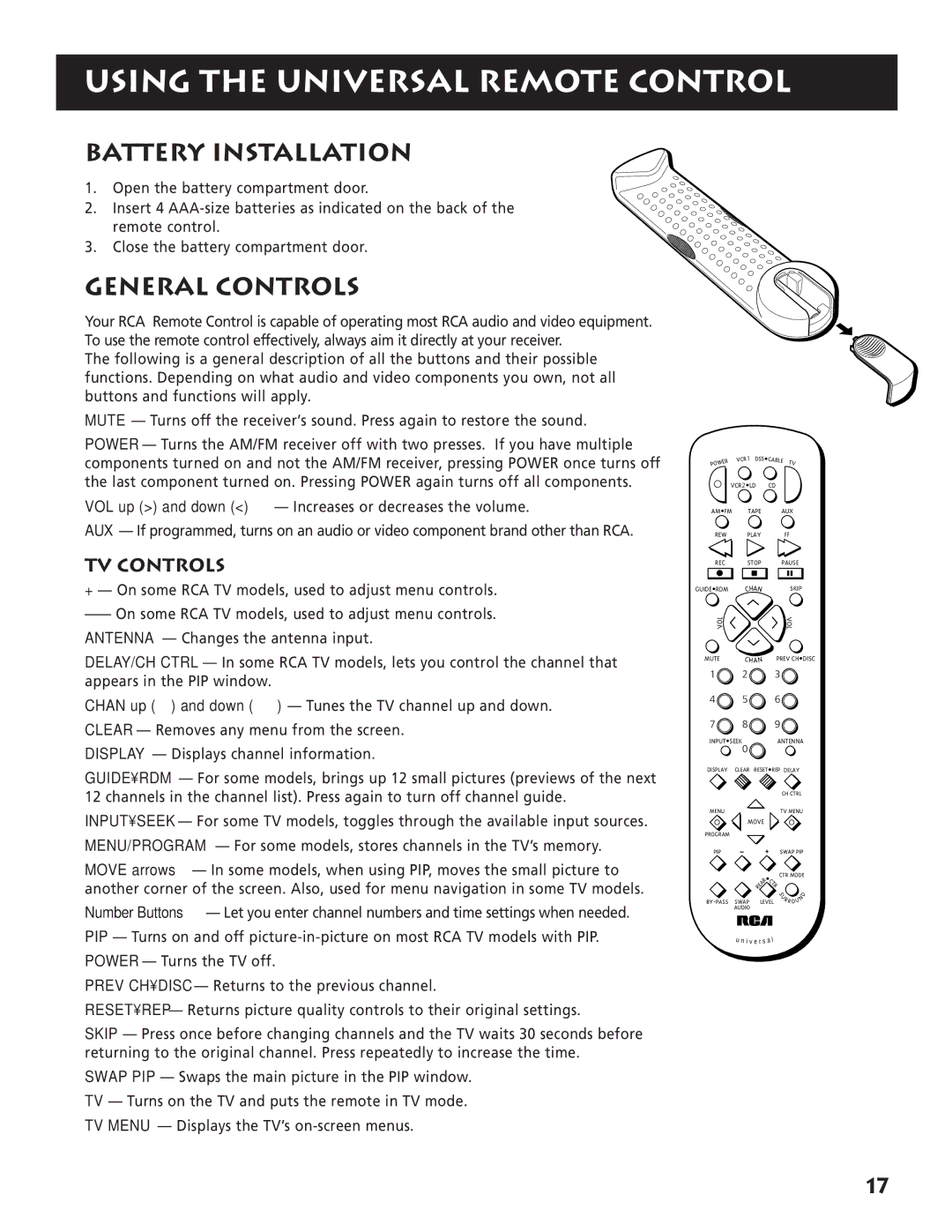 RCA RP-9380 manual Using the Universal Remote Control, Battery Installation, TV Controls 