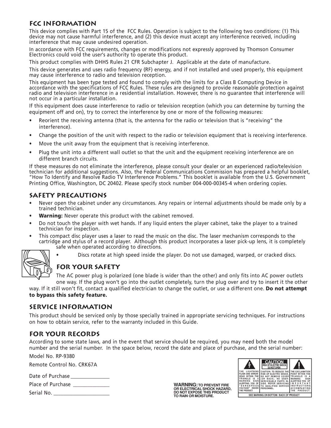 RCA RP-9380 manual FCC Information, Safety Precautions, For Your Safety, Service Information, For Your Records 