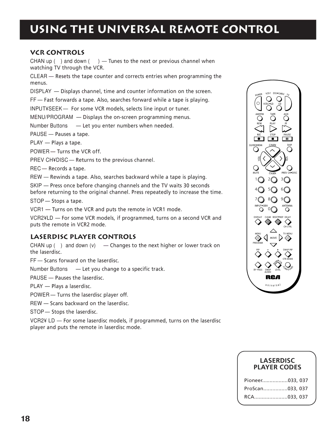 RCA RP-9380 manual VCR Controls, Laserdisc Player Controls, Laserdisc Player Codes 