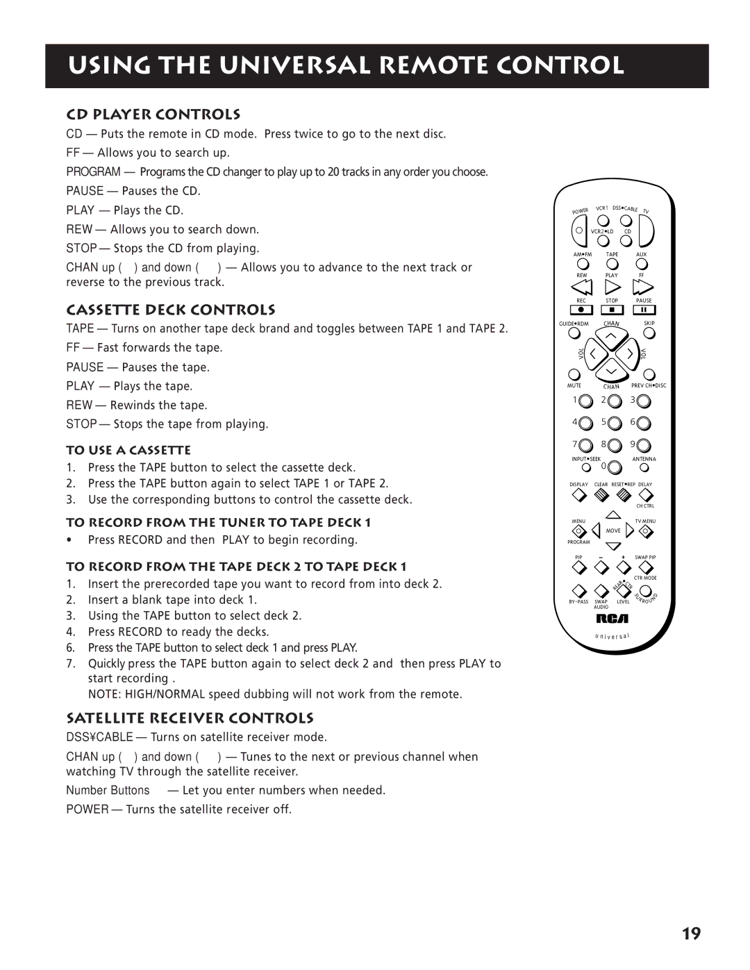 RCA RP-9380 manual CD Player Controls, Cassette Deck Controls, Satellite Receiver Controls 