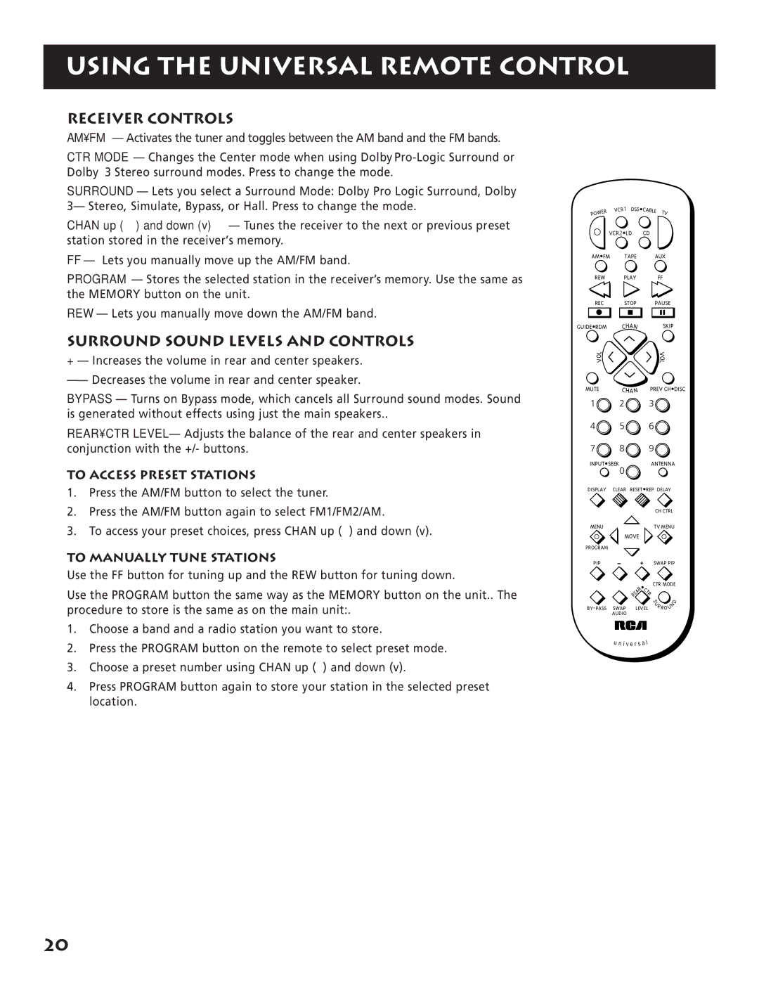 RCA RP-9380 manual Receiver Controls, Surround Sound Levels and Controls 