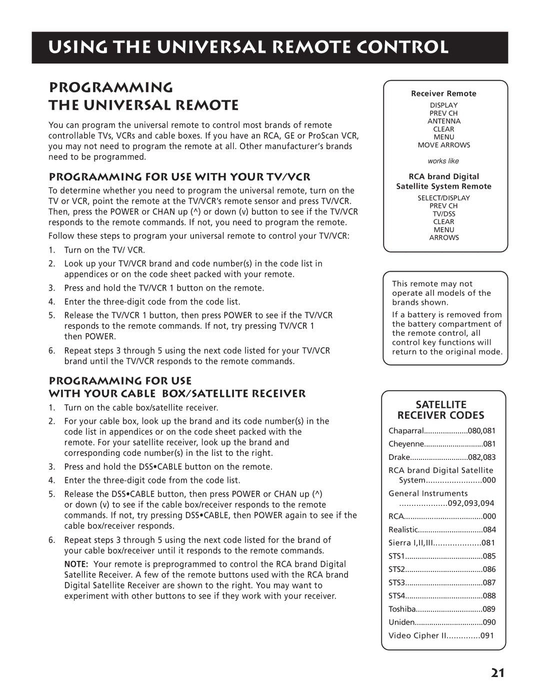 RCA RP-9380 manual Programming Universal Remote, Programming for USE with Your TV/VCR, Satellite Receiver Codes 