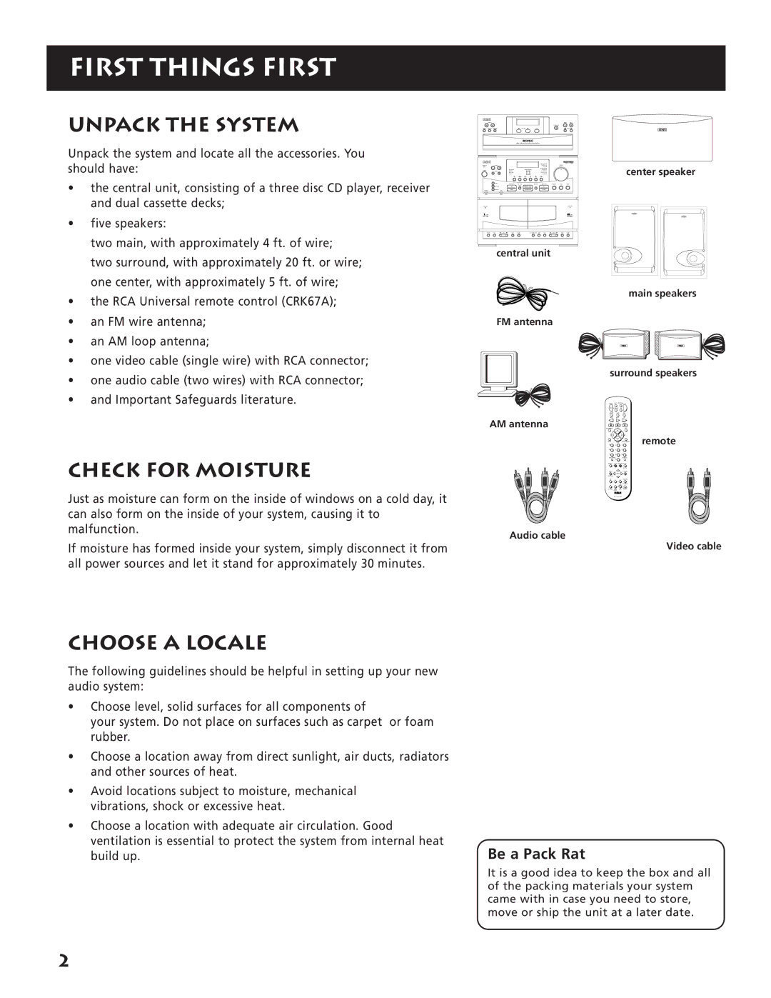 RCA RP-9380 manual First Things First, Unpack the System, Check for Moisture, Choose a Locale, Be a Pack Rat 