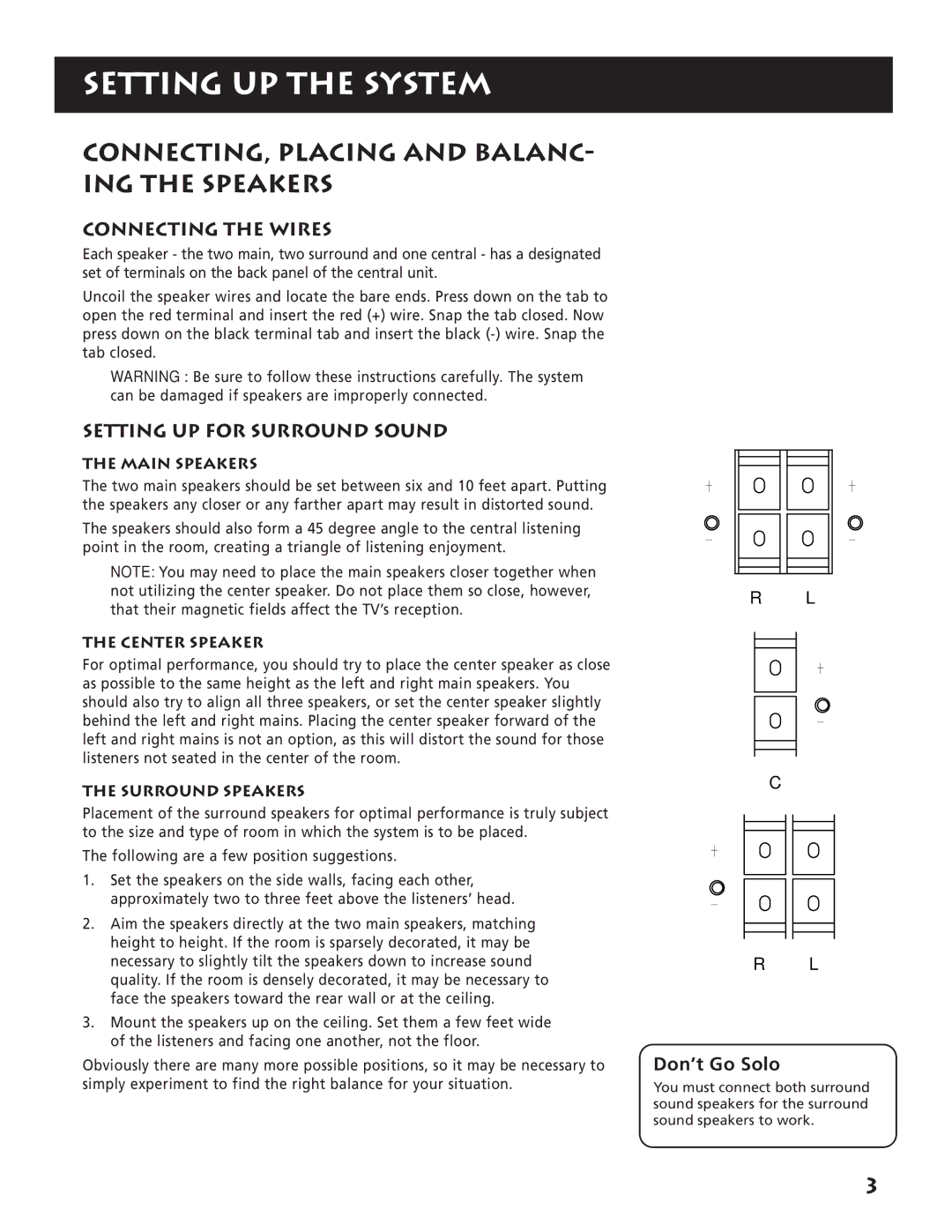 RCA RP-9380 Setting UP the System, CONNECTING, Placing and BALANC- ING the Speakers, Connecting the Wires, Don’t Go Solo 