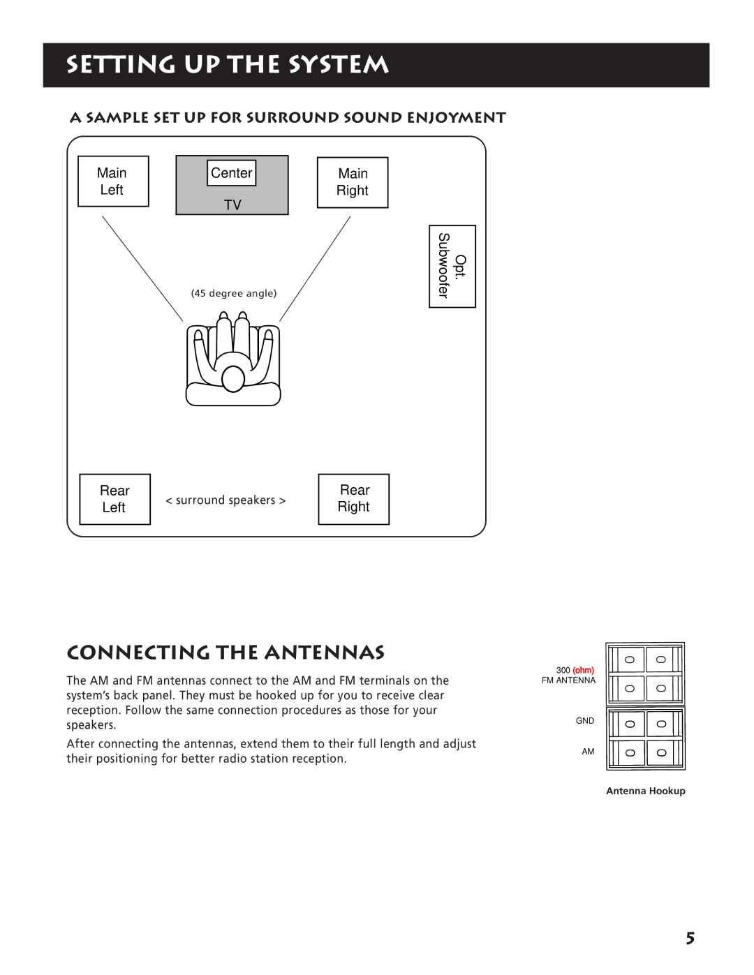 RCA RP-9380 manual Connecting the Antennas, Sample SET UP for Surround Sound Enjoyment 