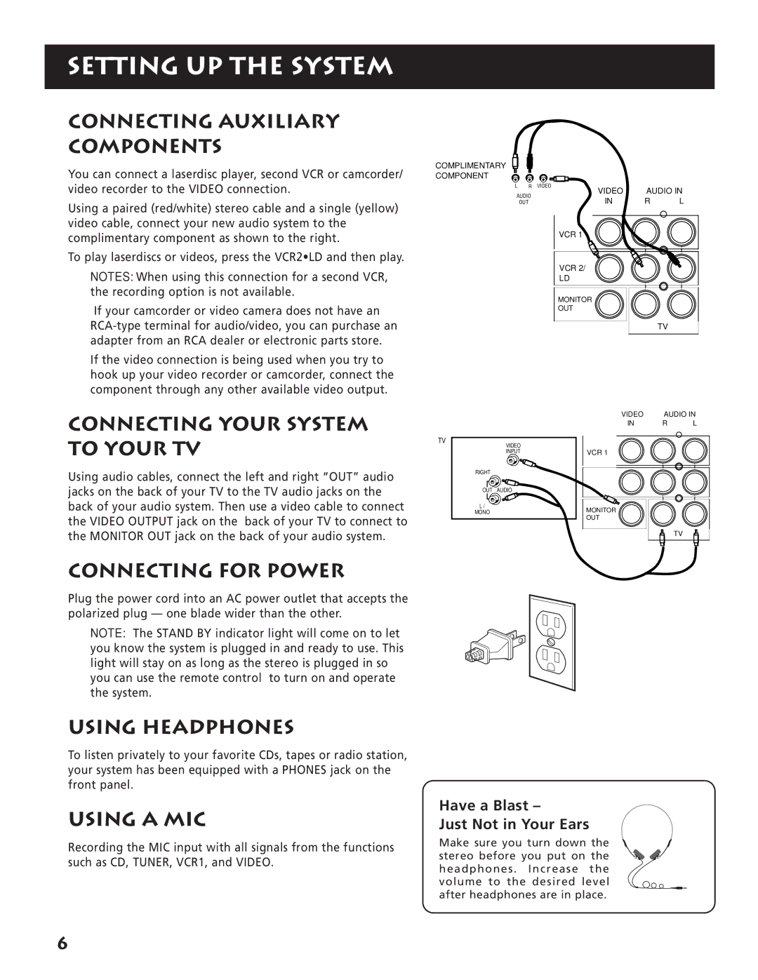 RCA RP-9380 Connecting Auxiliary Components, Connecting Your System to Your TV, Connecting for Power, Using Headphones 