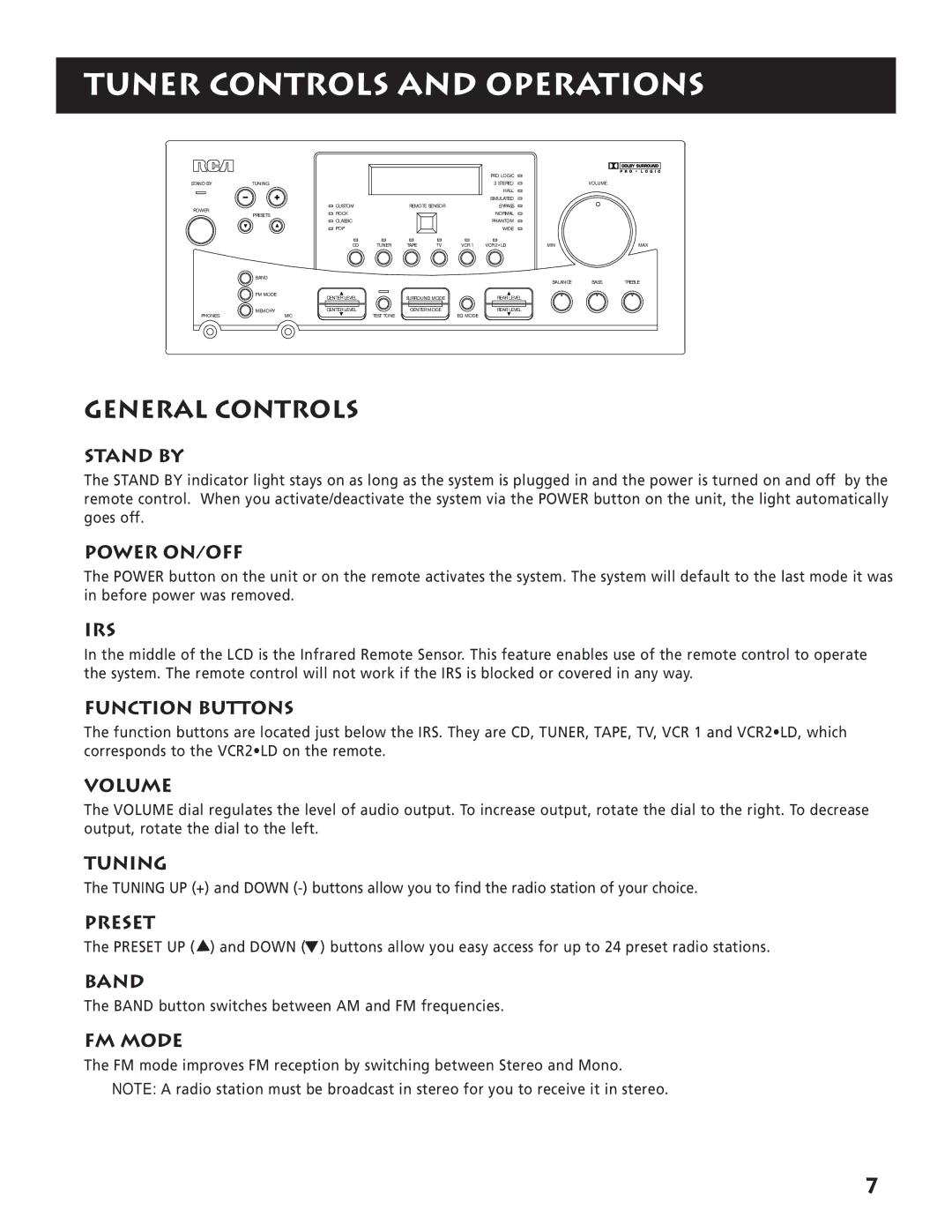 RCA RP-9380 manual Tuner Controls and Operations, General Controls 