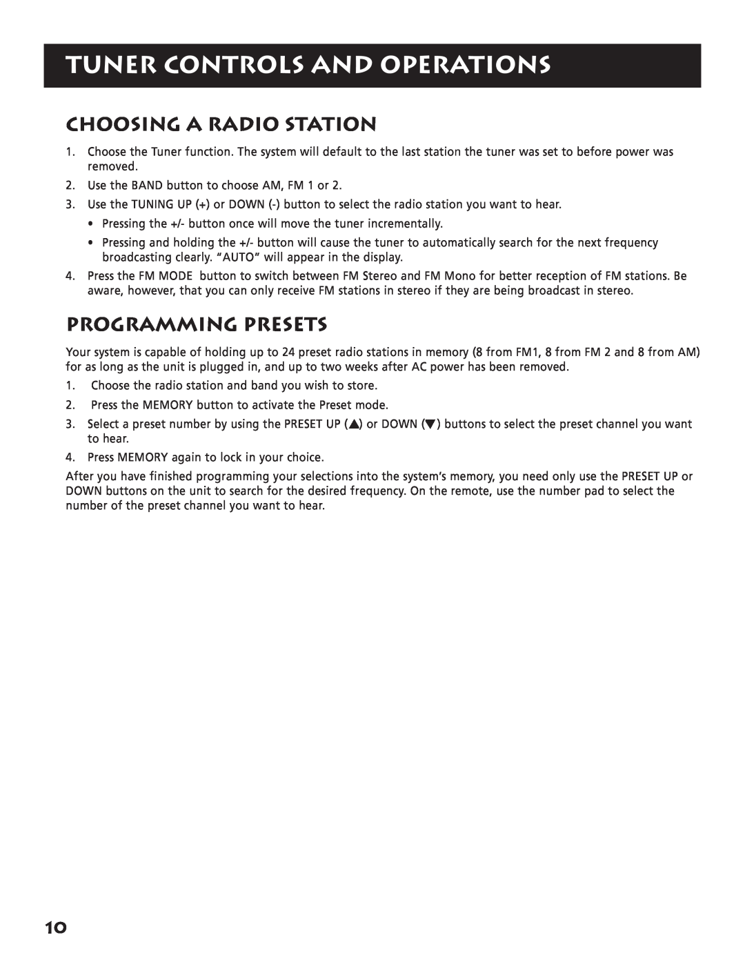 RCA RP-9380 manual Choosing A Radio Station, Programming Presets, Tuner Controls And Operations 