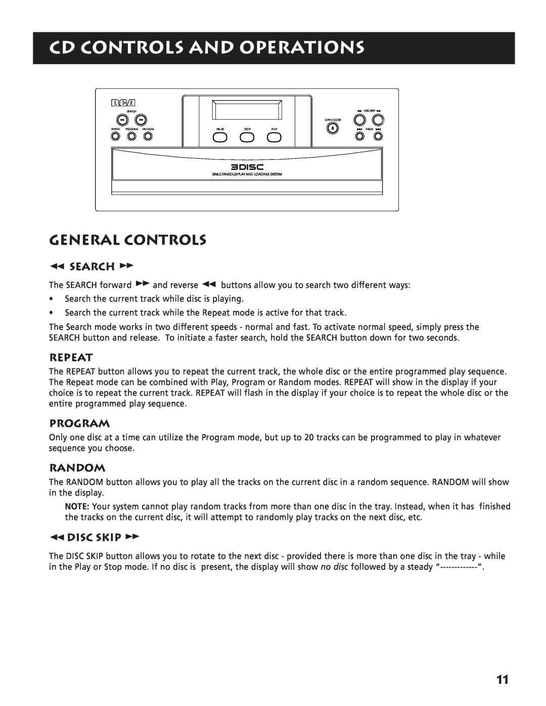RCA RP-9380 manual Cd Controls And Operations, General Controls, Search, Repeat, Program, Random, Disc Skip 