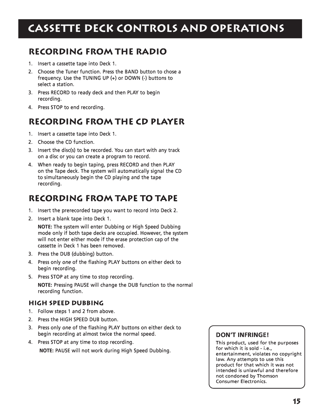 RCA RP-9380 manual Recording From The Radio, Recording From The Cd Player, Recording From Tape To Tape, High Speed Dubbing 