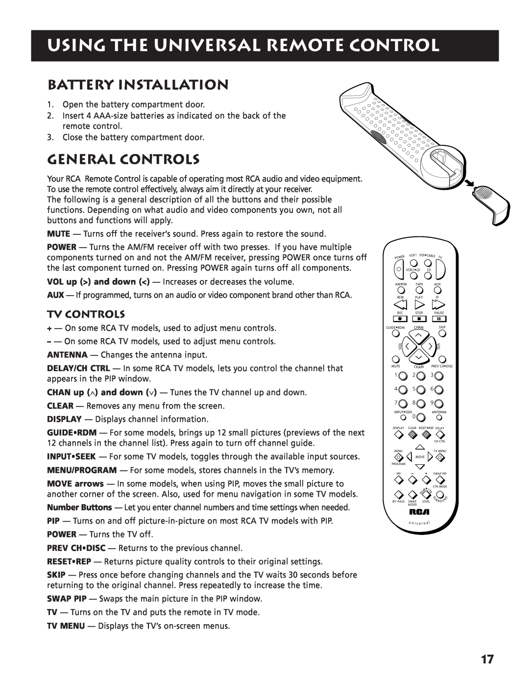 RCA RP-9380 manual Using The Universal Remote Control, Battery Installation, General Controls 