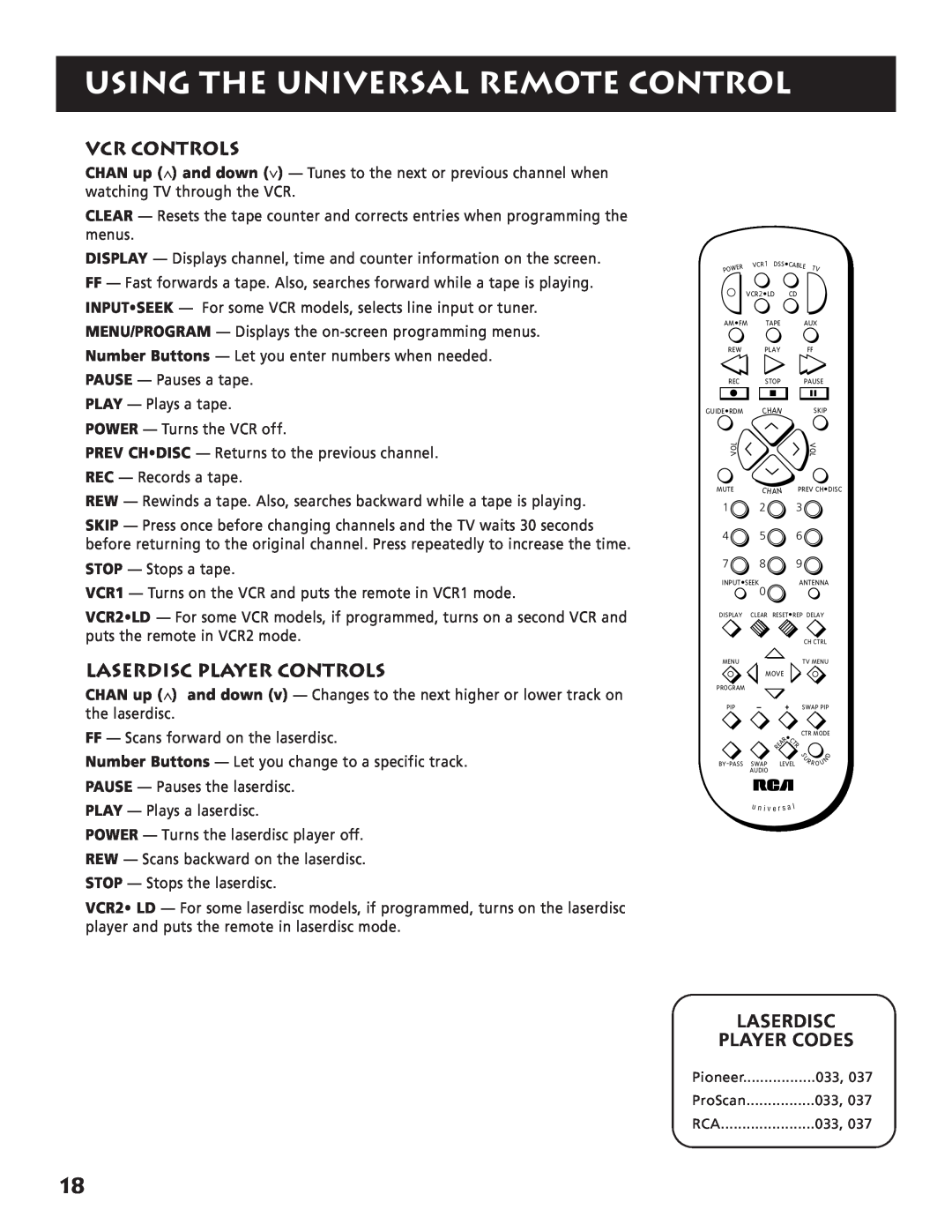 RCA RP-9380 manual Using The Universal Remote Control, Vcr Controls, Laserdisc Player Controls, Laserdisc Player Codes 