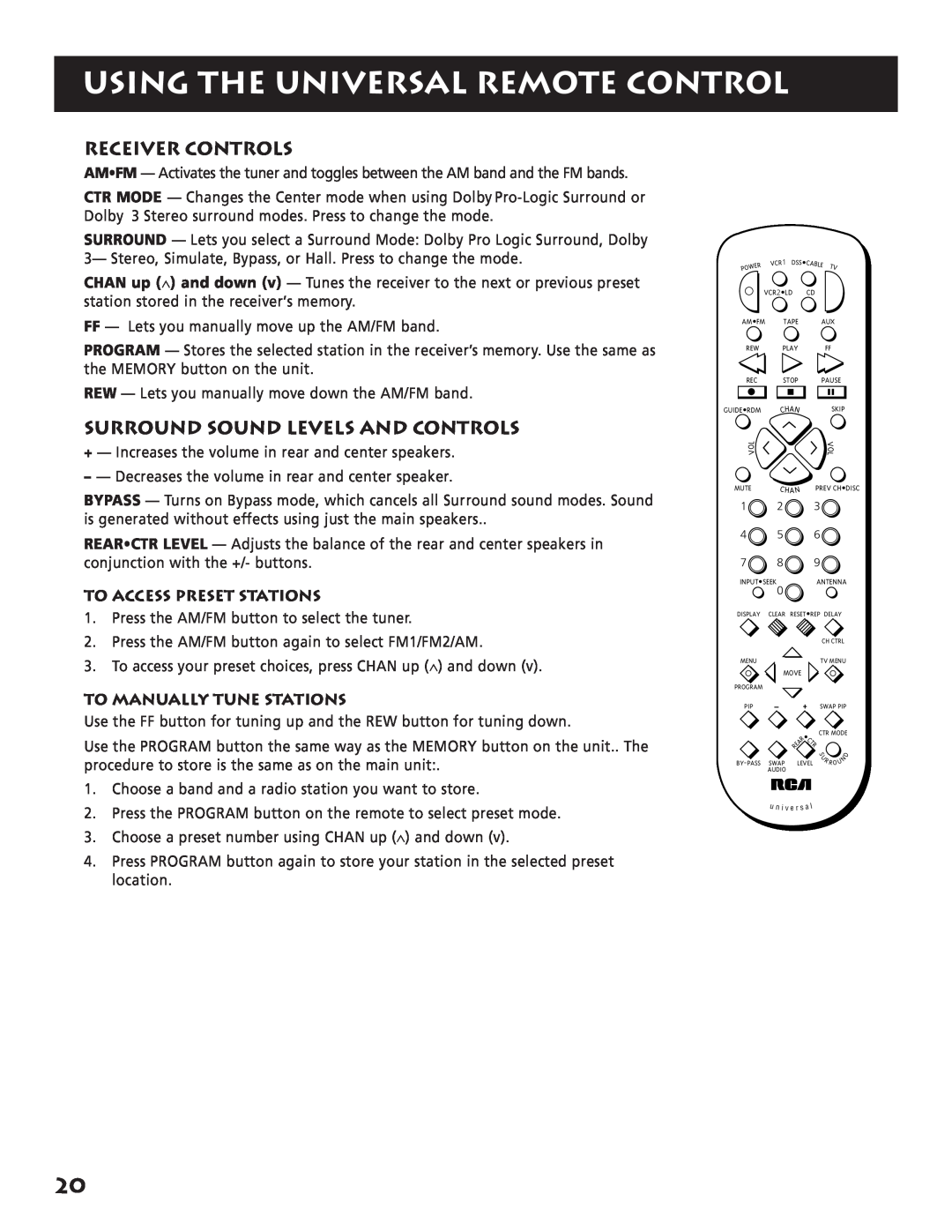 RCA RP-9380 manual Using The Universal Remote Control, Receiver Controls, Surround Sound Levels And Controls 