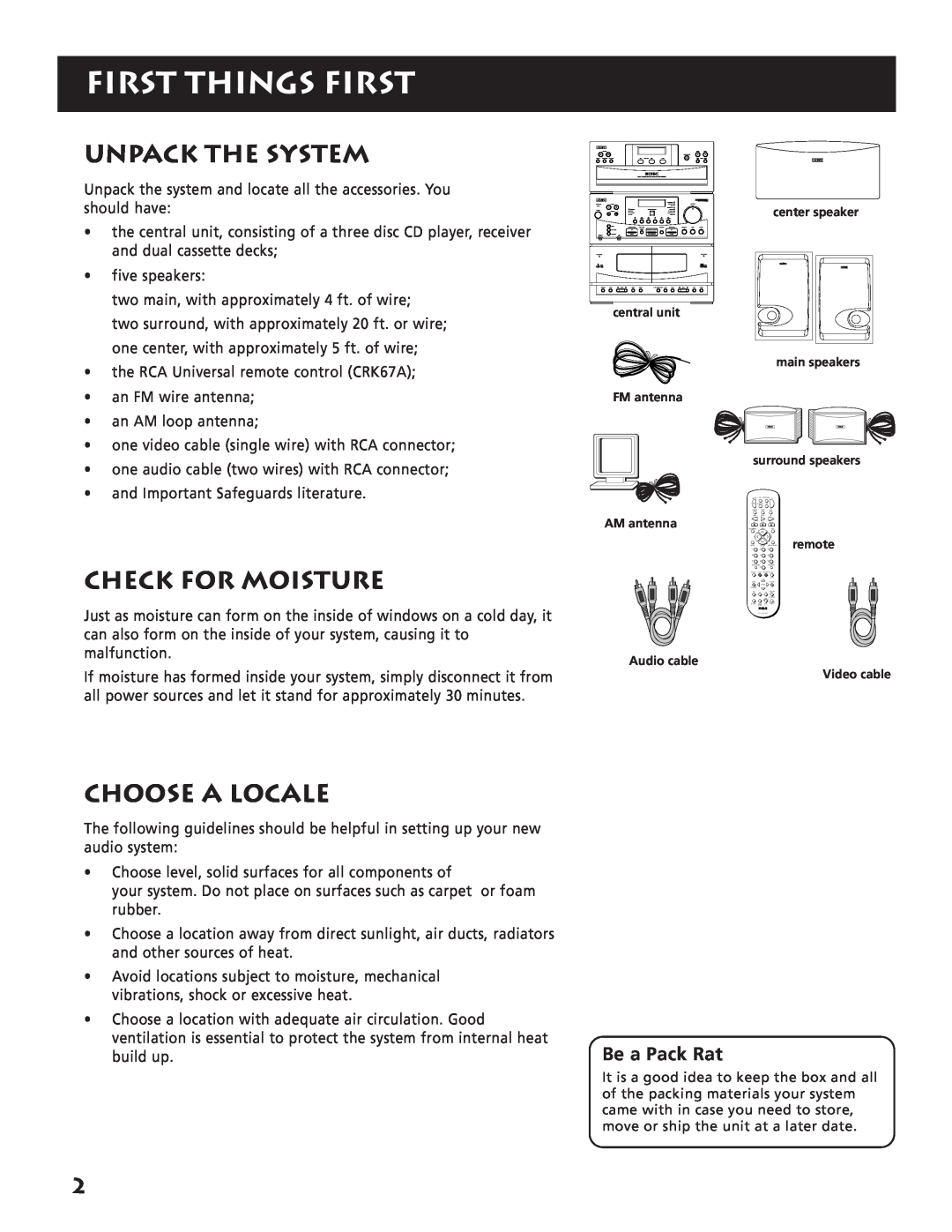 RCA RP-9380 manual First Things First, Unpack The System, Check For Moisture, Choose A Locale 