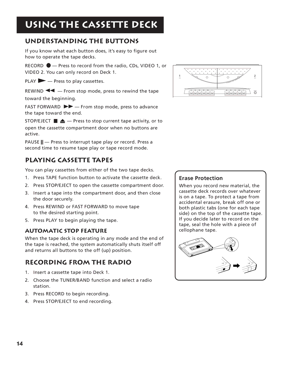 RCA RP-9540, RP-9555 Using the Cassette Deck, Understanding the Buttons, Playing Cassette Tapes, Recording from the Radio 