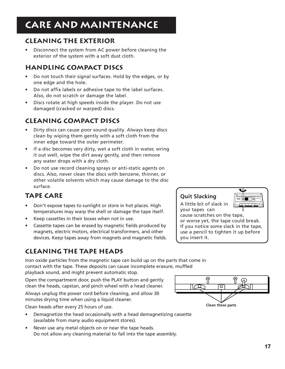 RCA RP-9555, RP-9540 manual Care and Maintenance 