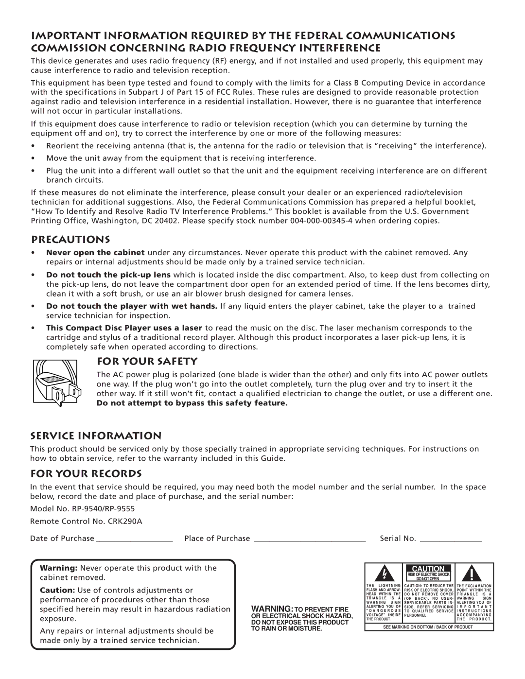 RCA RP-9540, RP-9555 manual Precautions, For Your Safety, Service Information, For Your Records 