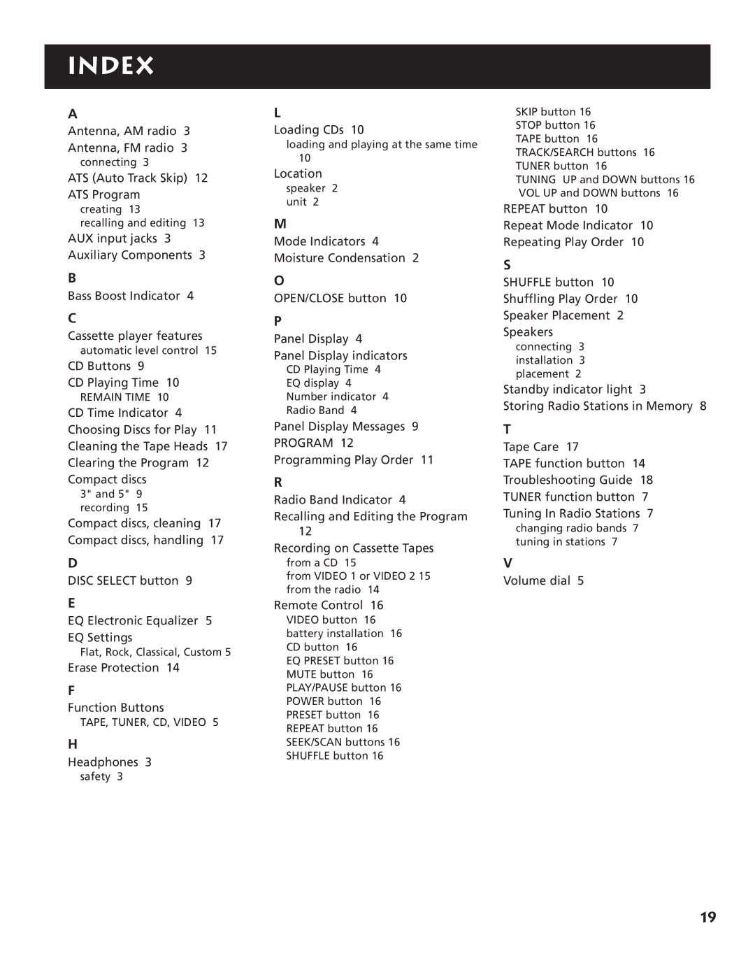 RCA RP-9555, RP-9540 manual Index, Program 