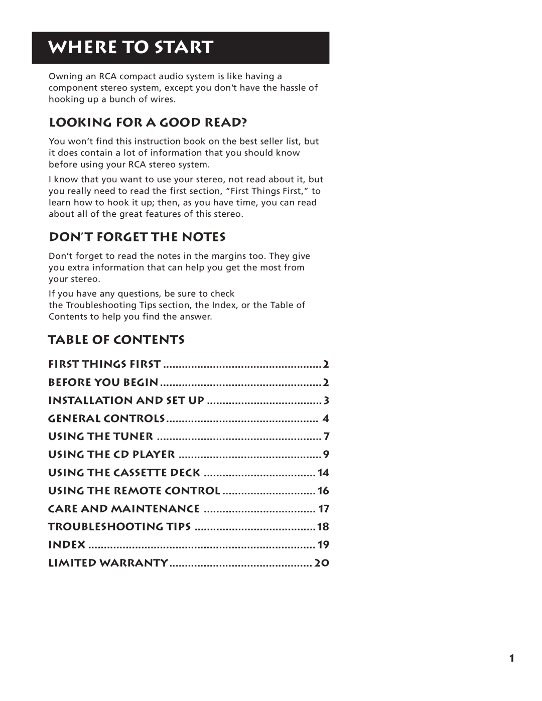 RCA RP-9555, RP-9540 manual Where to Start, Looking for a Good READ?, DON’T Forget the Notes, Table of Contents 