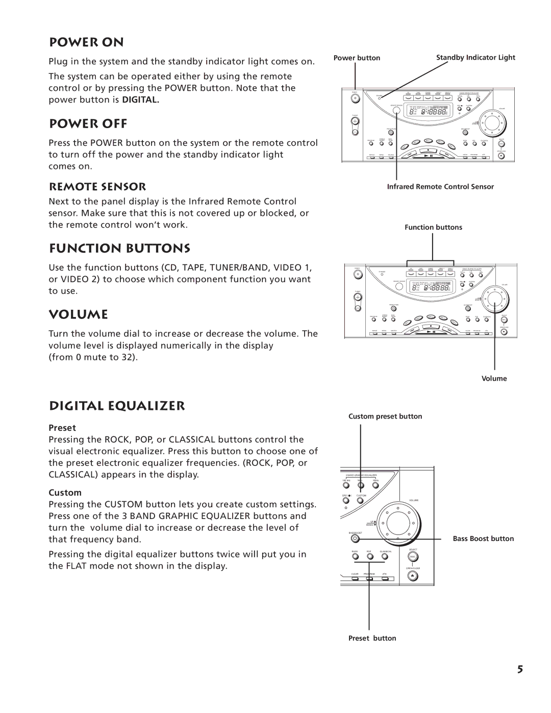 RCA RP-9555, RP-9540 manual Power on, Power OFF, Function Buttons, Volume, Digital Equalizer 