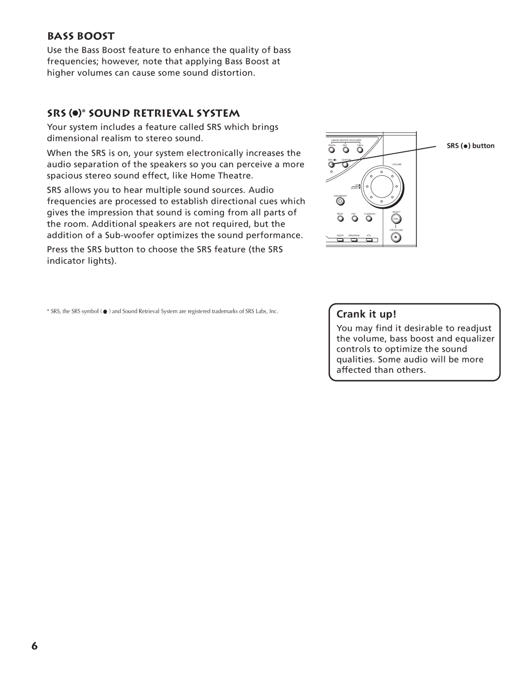 RCA RP-9540, RP-9555 manual Bass Boost, SRS * Sound Retrieval System, Crank it up 