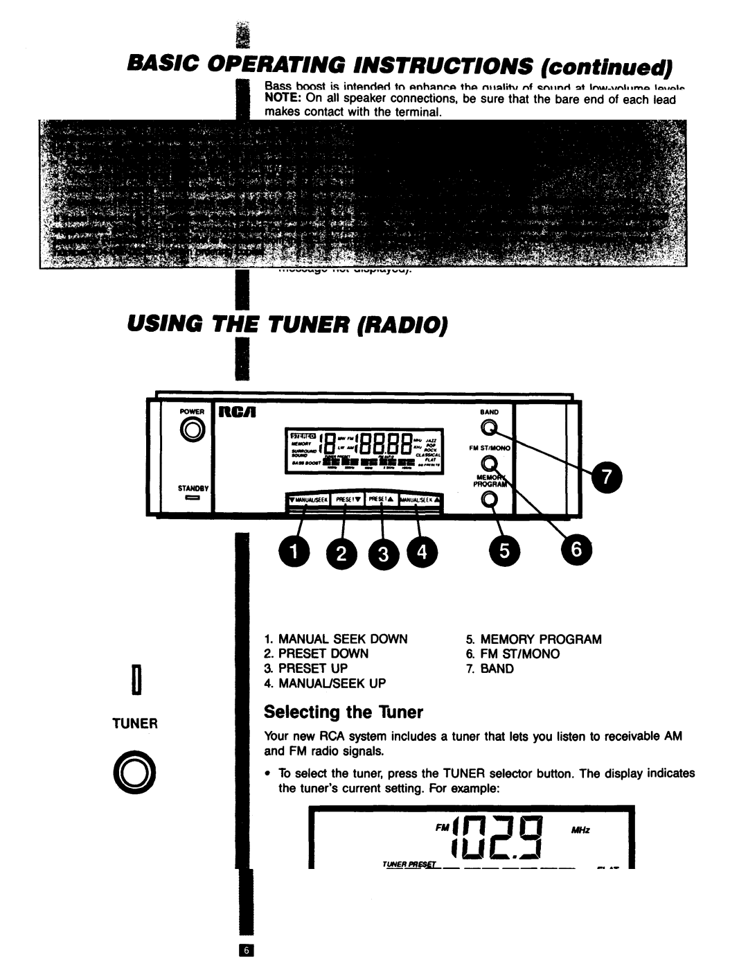 RCA RP-9753 manual Basic Operating lNSTRUCTlONS, Using the Tuner Radio, Surround Sound, Selecting the Tuner 