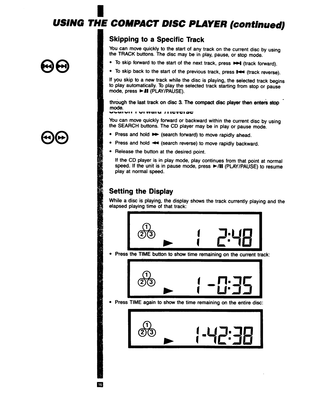 RCA RP-9753 manual COMpAC’lr, Skipping to a Specific Track, Search Forward /Reverse, Setting the Display 