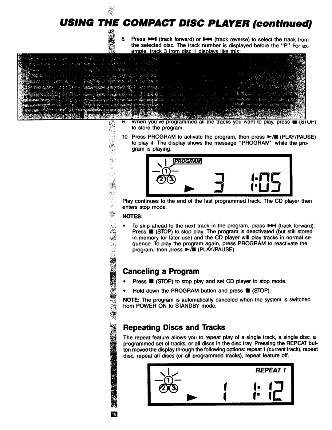 RCA RP-9753 manual Compact Disc Player, Canceling a Program, Repeating Discs and Tracks 