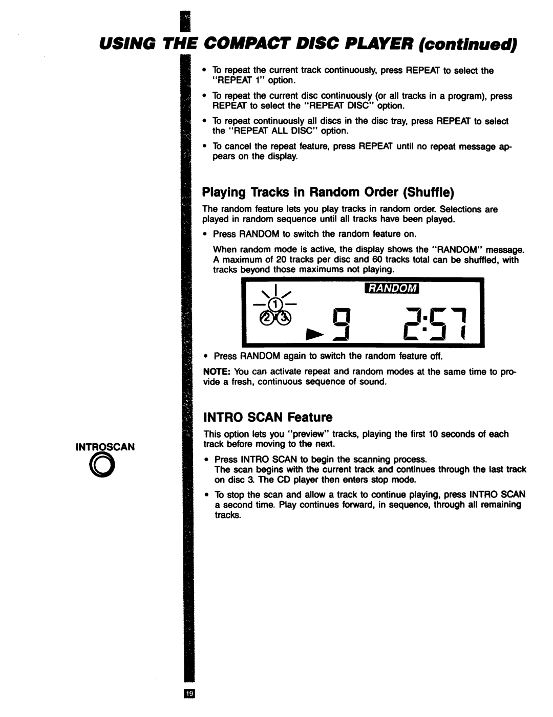 RCA RP-9753 manual Using the Compact Disc Payer, Playing Tracks in Random Order Shuffle, Intro Scan Feature 